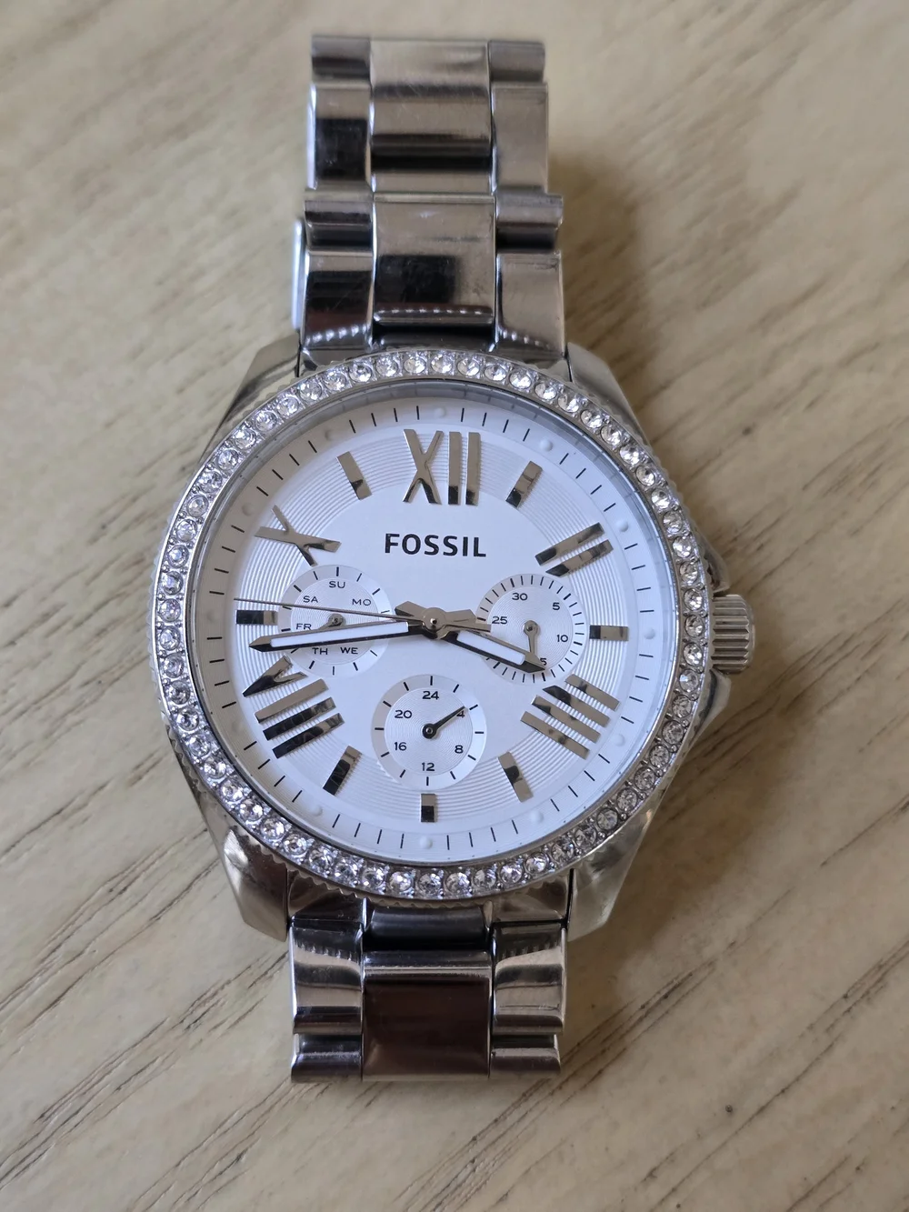 Fossil Silver and White Crystal-Accented Stainless Steel Watch